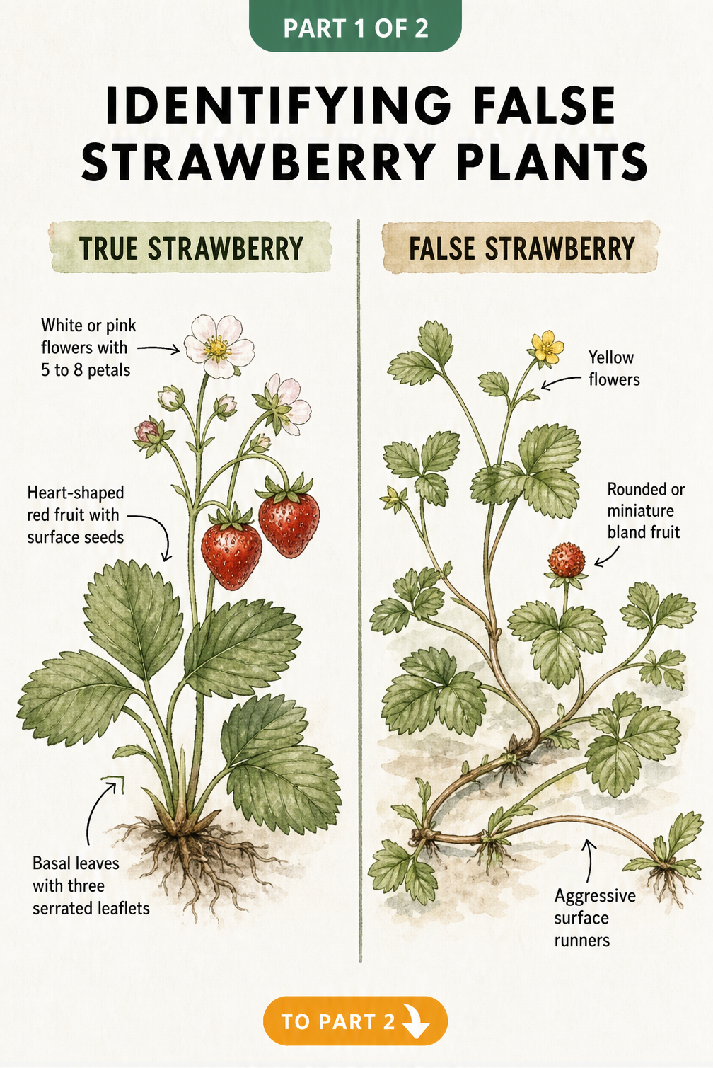 Botanical illustration comparing a true strawberry plant with a weed lookalike, highlighting flowers, fruit, and leaves.