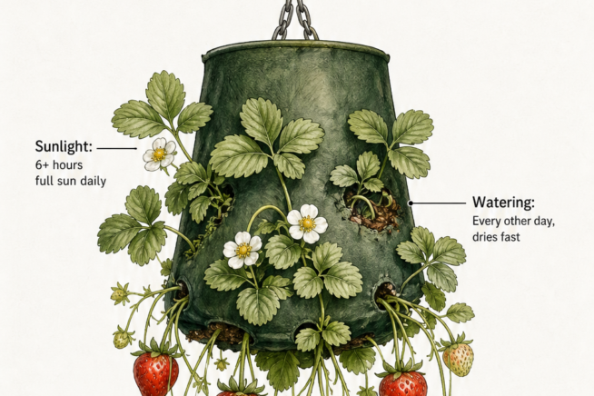 Botanical illustration of a hanging strawberry planter showing care requirements like sunlight, watering, feeding, and drainage.
