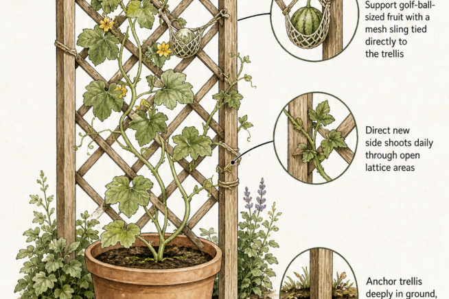 Sketch of a vertical melon support setup showing a 5-gallon container, a deeply anchored wooden lattice trellis, vines woven through the lattice, and a mesh...