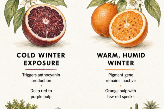 Illustration comparing blood orange pulp color in cold winter exposure versus warm, humid winter climates.