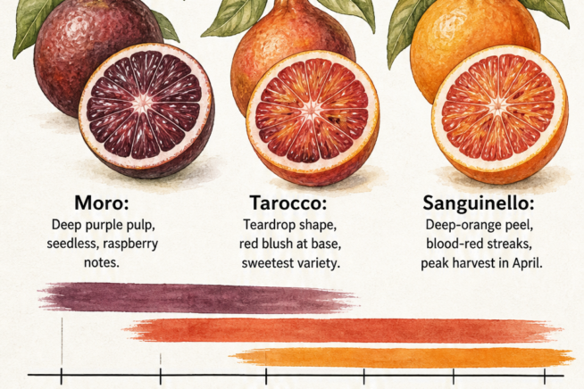 Botanical illustration showing the harvest season of Moro, Tarocco, and Sanguinello blood oranges from December to May.