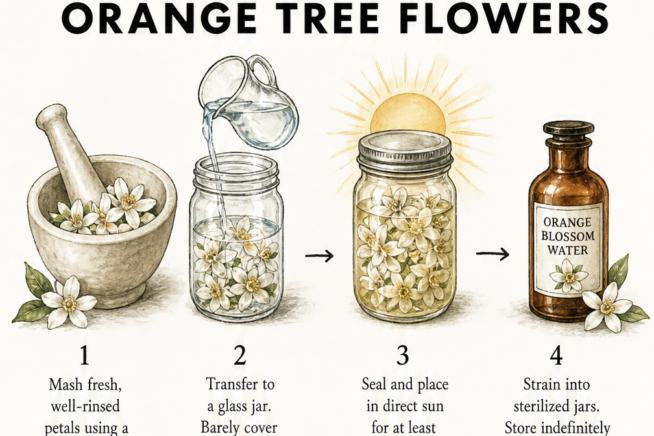 Four step illustration showing how to make infused orange flower water using a mortar, glass jar, and sunlight