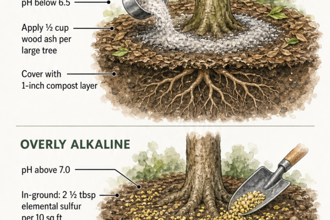 Diagram illustrating how to correct overly acidic or alkaline soil for lime trees using wood ash or elemental sulfur
