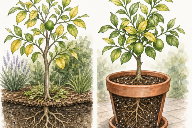 Illustration showing proper watering and soil requirements for outdoor and indoor lime trees to prevent yellow leaves