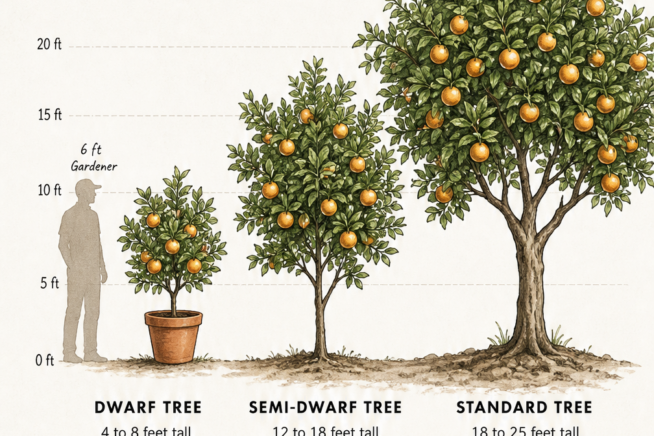 Botanical illustration showing the mature sizes of dwarf, semi-dwarf, and standard orange trees compared to a gardener