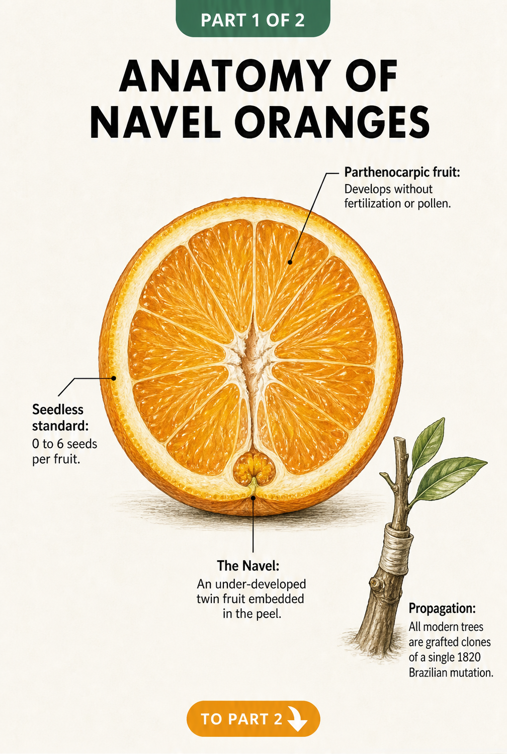 Botanical illustration showing the anatomy of a seedless navel orange, including the underdeveloped twin fruit and grafted branch.