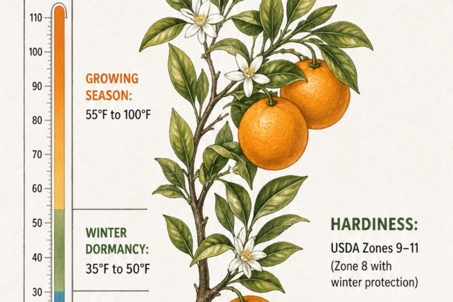Botanical illustration of an orange tree branch showing ideal growing temperatures, USDA hardiness zones 9 to 11, and sunlight requirements.