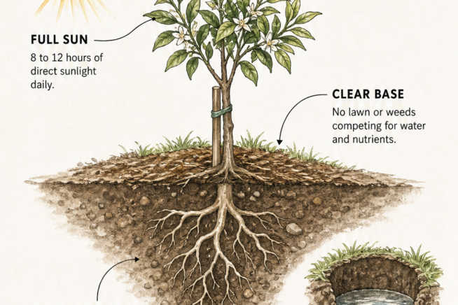 Cross-section illustration of a young orange tree showing full sun, clear base, and well-draining soil requirements