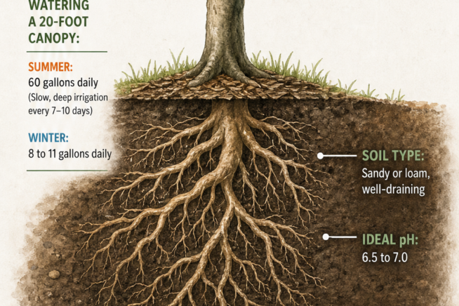Cross-section illustration of an orange tree showing summer and winter watering needs, ideal soil pH, and water table depth.