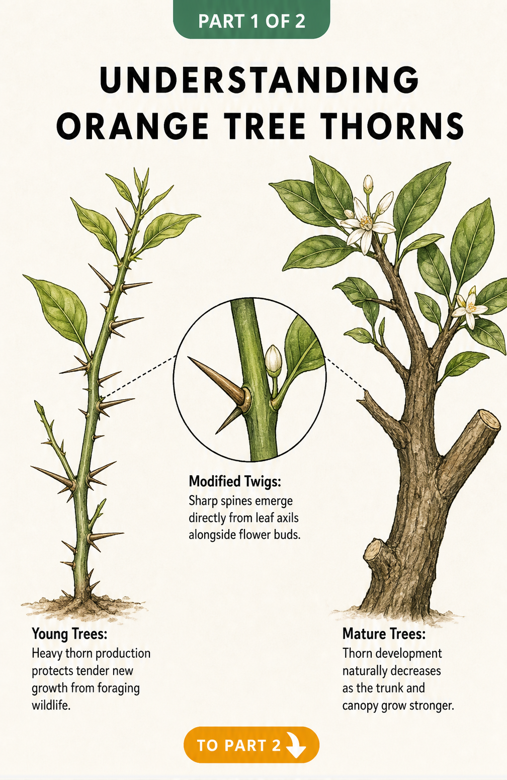 Botanical illustration showing the difference between a young thorny orange branch and a mature thornless branch, with a close-up of a thorn emerging from a...