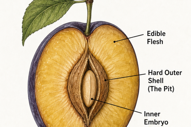 Botanical cross-section illustration of a ripe plum showing the edible flesh, hard outer shell, and inner embryo seed.
