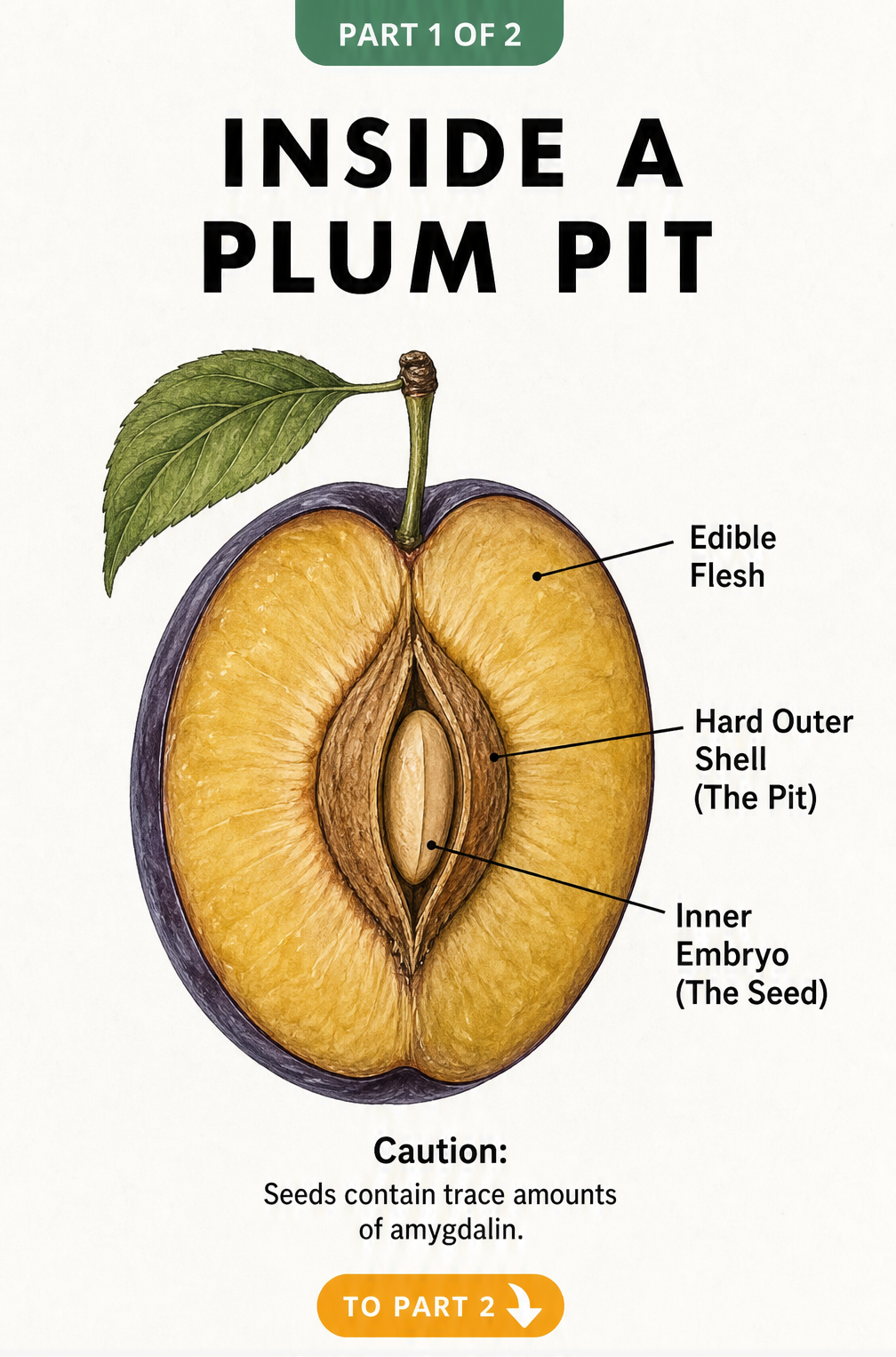 Botanical cross-section illustration of a ripe plum showing the edible flesh, hard outer shell, and inner embryo seed.