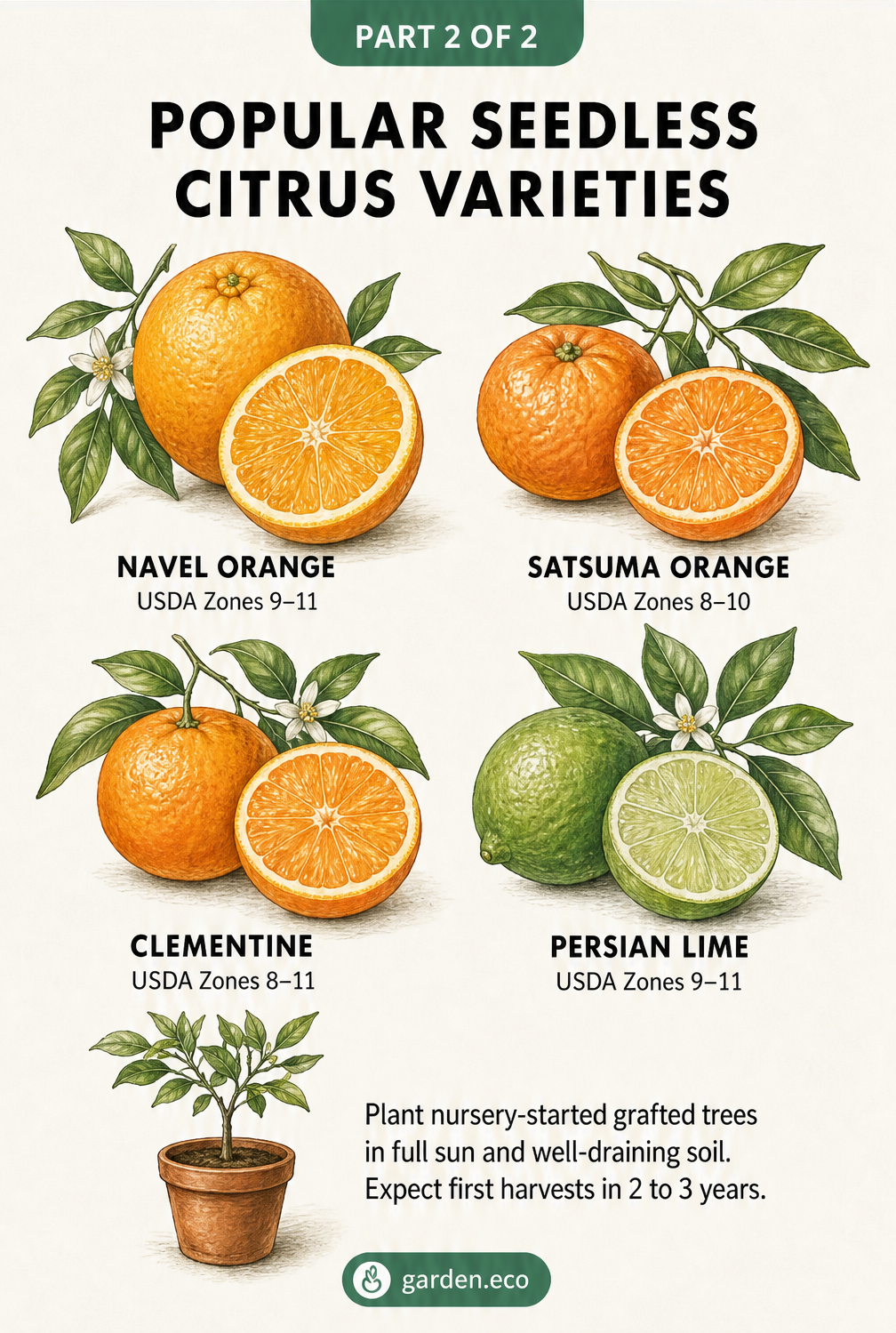 Illustrations of popular seedless citrus varieties including navel oranges, satsumas, clementines, and Persian limes with USDA growing zones.