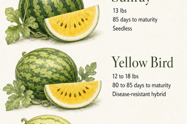Illustrations of three popular yellow watermelon varieties: Sunray, Yellow Bird, and Yellow Buttercup, with details on weight and days to maturity.