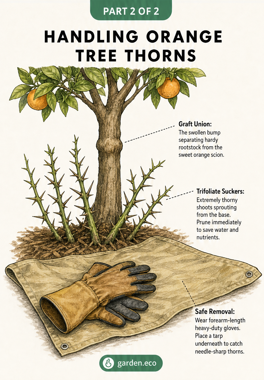 Illustration of a grafted orange tree showing thorny trifoliate suckers sprouting from the rootstock below the graft union, with heavy-duty gloves and a tarp...