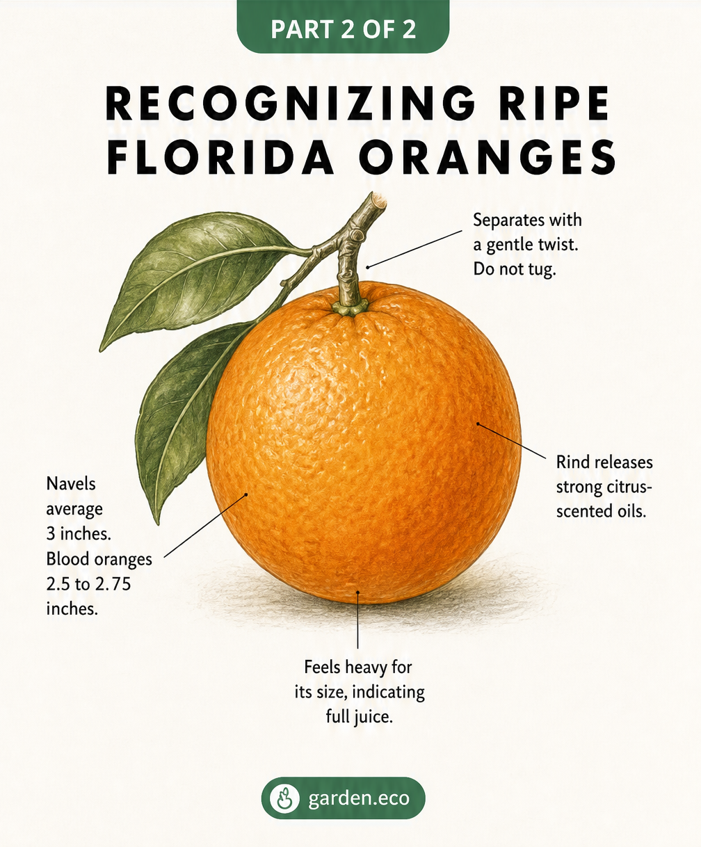 Botanical illustration of a ripe Florida orange detailing signs of ripeness: easy separation from the stem, strong citrus scent, specific sizes for navels and...