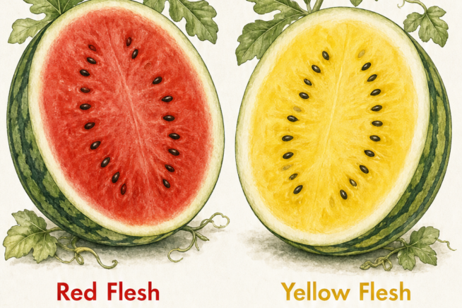 Botanical illustration comparing red and yellow watermelons, highlighting their shared traits and differences in lycopene and beta-carotene content.