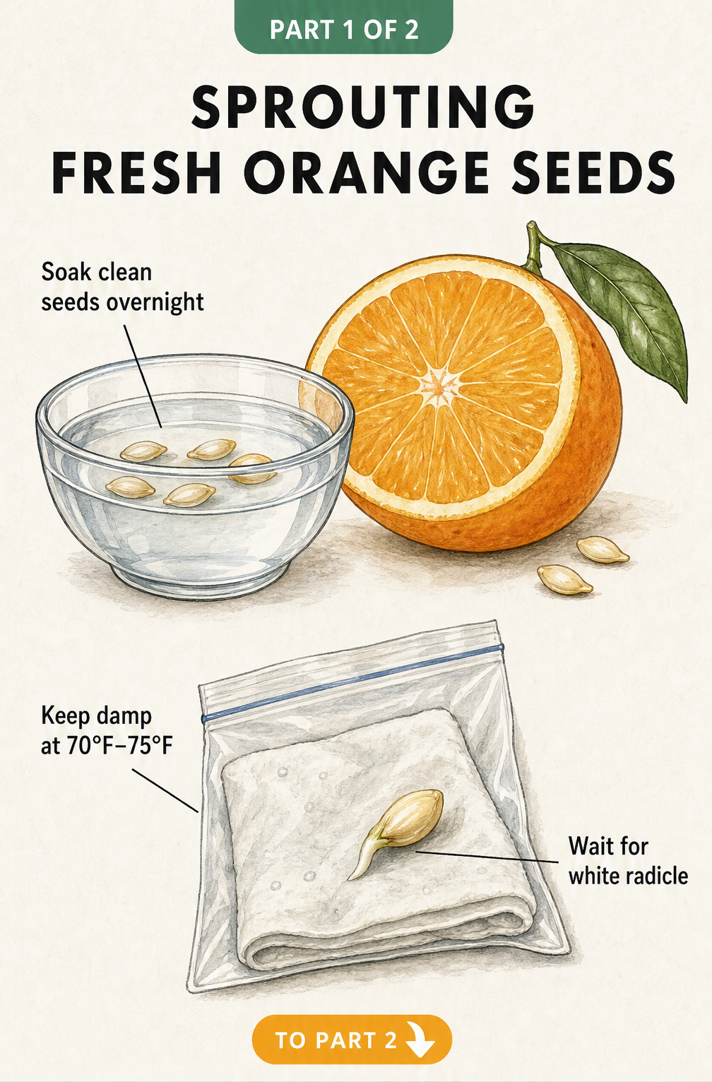 Illustration showing how to soak orange seeds overnight and germinate them in a damp paper towel inside a plastic bag.