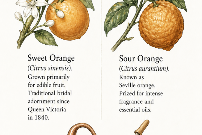 Botanical illustration comparing sweet orange and sour orange flowers with facts about their uses
