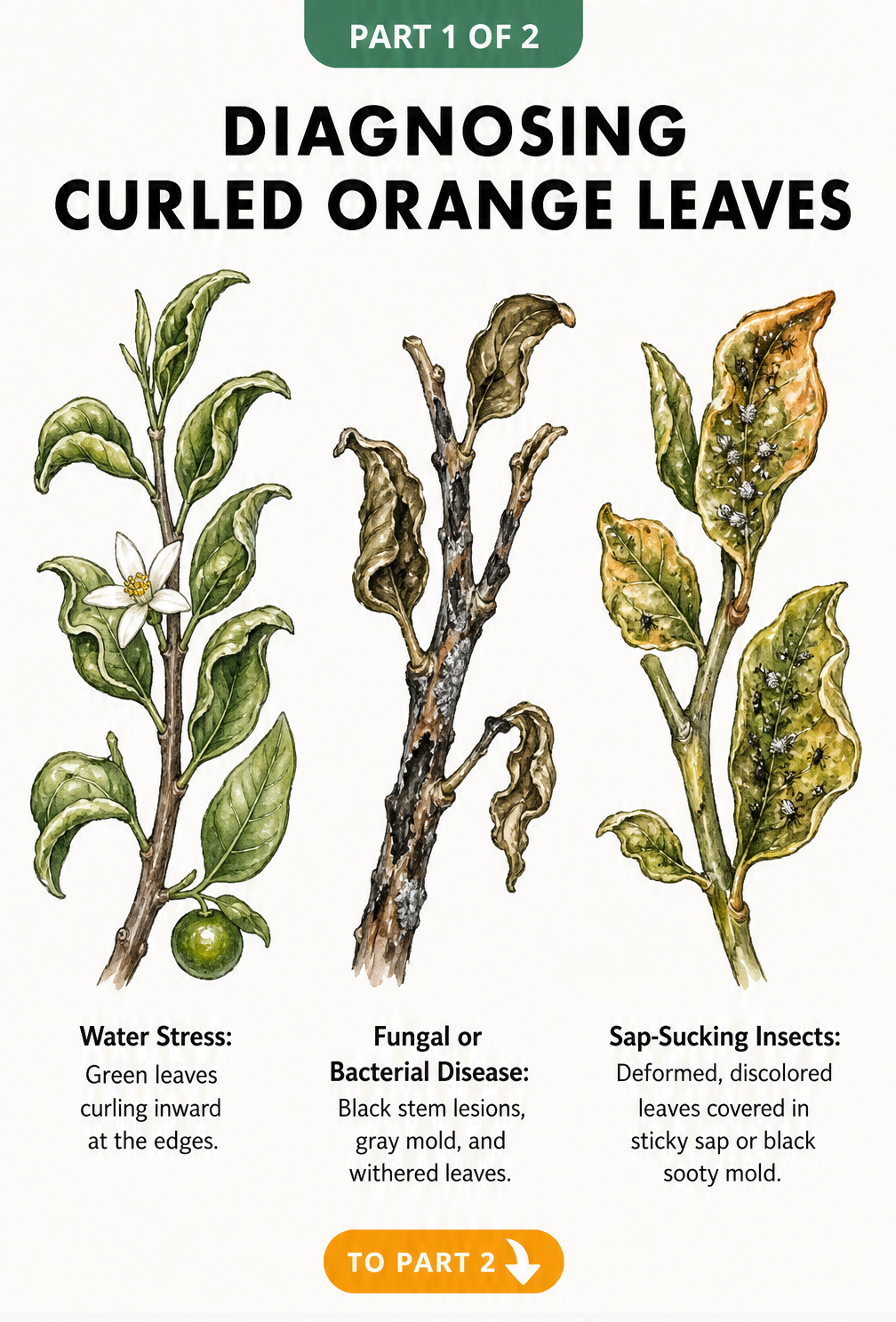 Illustration showing three orange tree branches with curled leaves caused by water stress, fungal disease, and sap-sucking insects