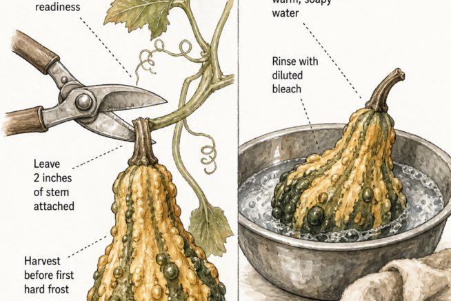 Illustration showing how to harvest a gourd by cutting the brown stem with shears and washing it in warm soapy water.