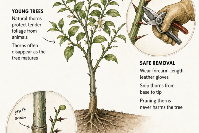 Illustration showing how to safely prune lemon tree thorns and remove thorny rootstock suckers.