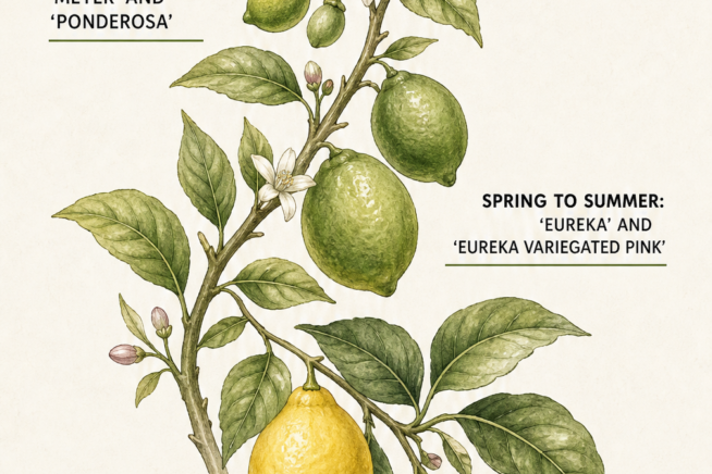 Botanical illustration showing a lemon branch with flowers and fruits, detailing the peak picking seasons for Meyer, Ponderosa, Eureka, and Lisbon lemons.