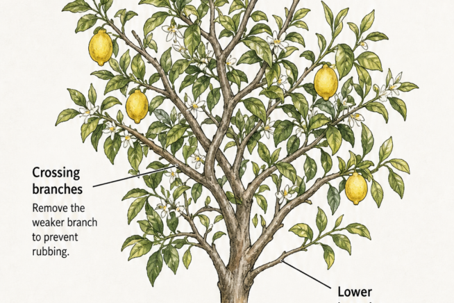 Botanical illustration showing lemon tree pruning targets including rootstock suckers, dead wood, crossing branches, and lower branches.