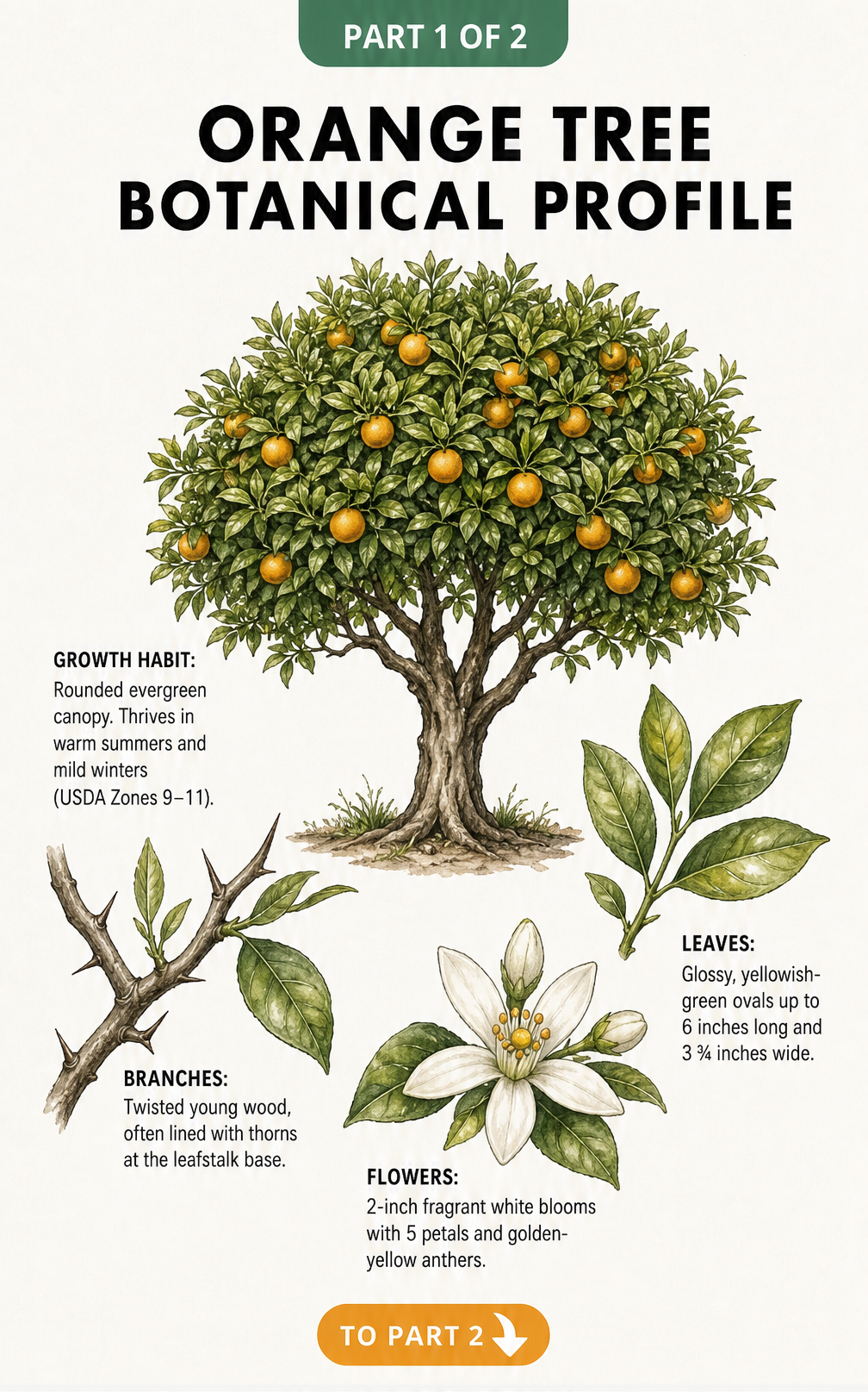 Botanical illustration of an orange tree showing its rounded canopy, glossy leaves, fragrant white flowers, and twisted branches.