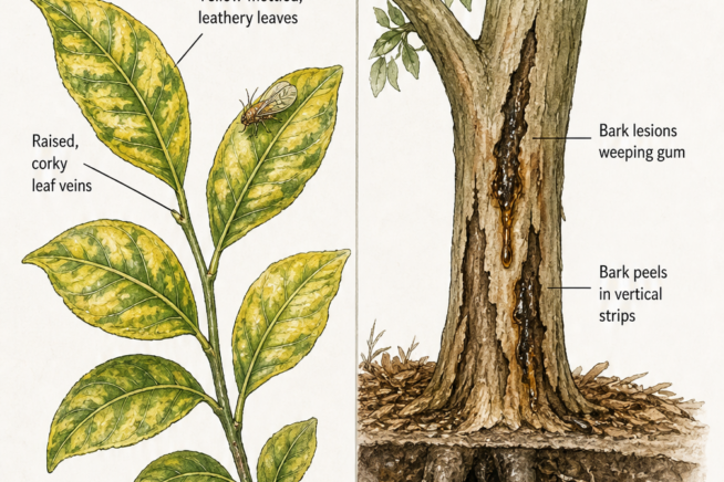 Botanical illustration showing symptoms of citrus greening and phytophthora fungus on an orange tree, including yellow-mottled leaves and weeping bark lesions.