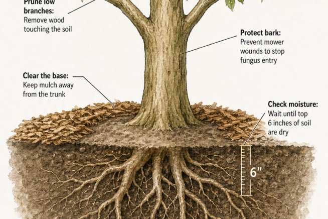 Cross-section illustration of an orange tree base showing proper mulch distance, uninjured bark, and deep watering techniques to prevent fungus.