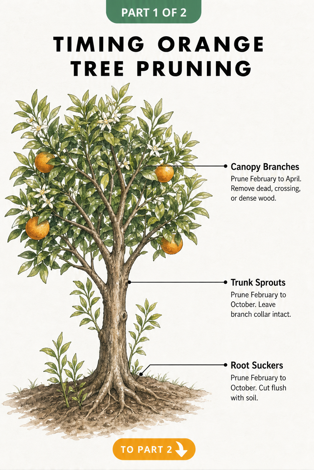Botanical illustration showing when to prune orange tree canopy branches, trunk sprouts, and root suckers.