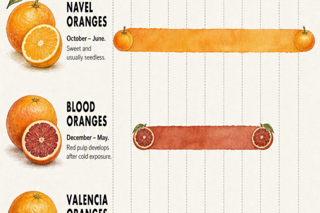 Botanical harvest calendar showing the picking seasons for navel, blood, and Valencia oranges across the twelve months of the year.