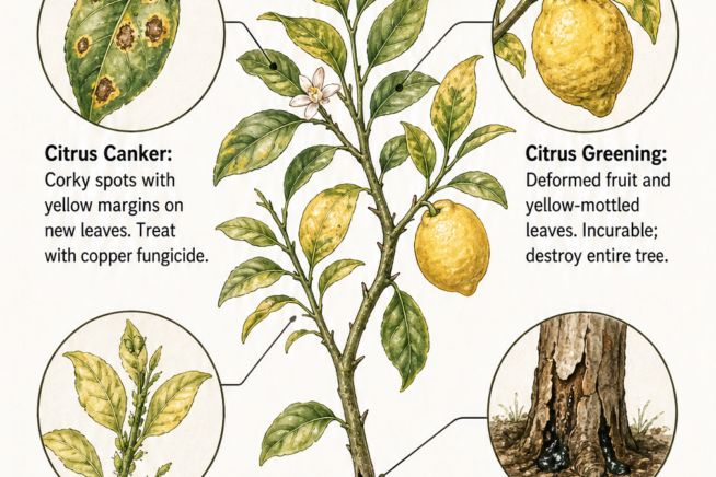 Botanical illustration showing a healthy lemon tree cross-section with tips on sunlight, nutrition, trunk care, and watering to prevent disease.