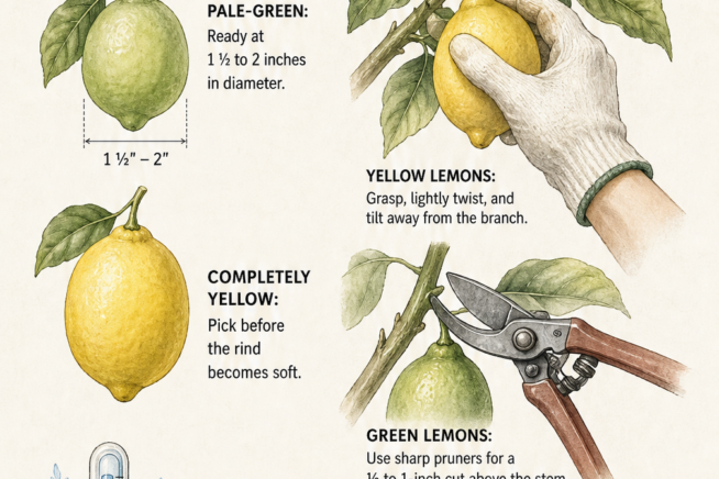 Illustration demonstrating lemon ripeness stages from pale green to yellow, and the proper harvesting technique using a gloved hand and pruning shears.