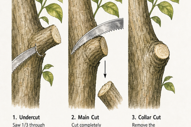 Three-step botanical illustration demonstrating how to prune large lemon tree branches with an undercut, main cut, and collar cut.