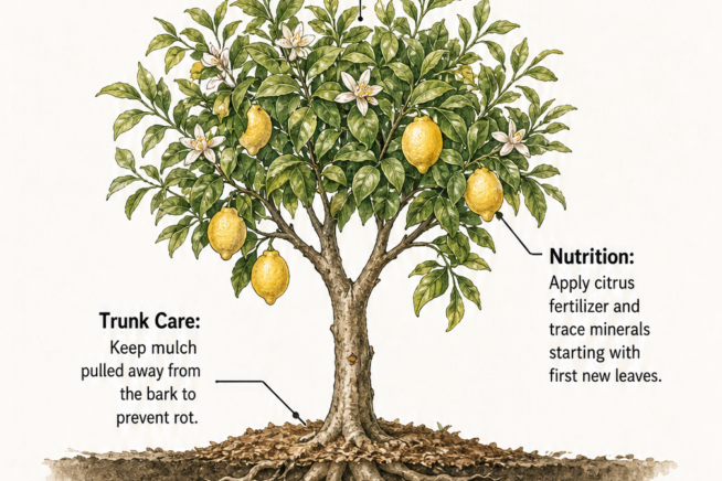 Botanical illustration of a lemon tree branch showing symptoms of citrus canker, citrus greening, tristeza, and foot rot.