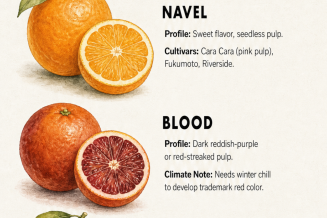 Botanical illustrations of navel, blood, and Valencia oranges showing whole fruits and sliced halves with their specific growing profiles.