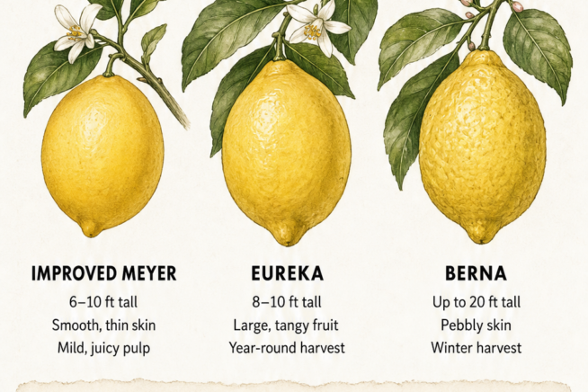 Illustration of three thornless lemon varieties including Improved Meyer, Eureka, and Berna next to a thorny branch.