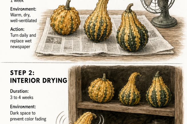 Illustration detailing the two steps to dry gourds, including surface drying on newspaper and interior drying in a dark space.