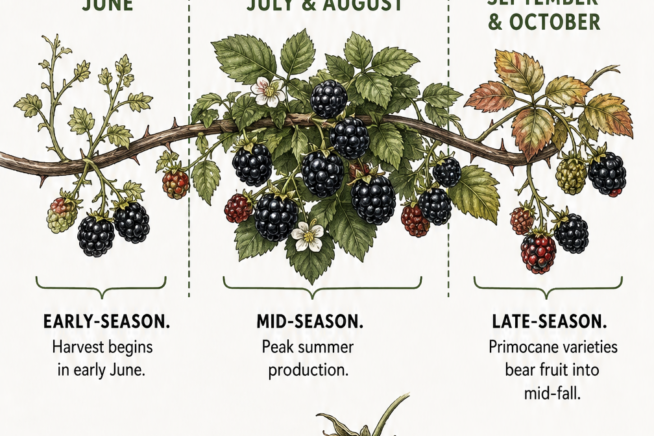 Timeline showing the blackberry harvest season from early June through mid-fall across USDA zones 4 to 9, including a note on red-cell regression.