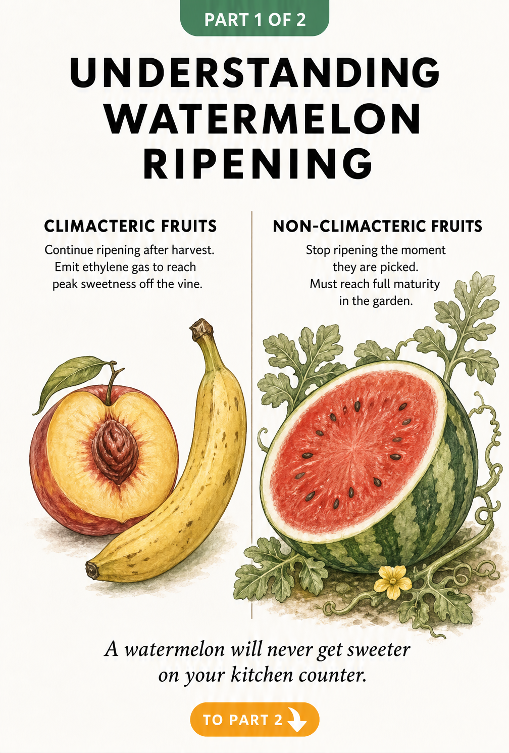 Botanical illustration comparing climacteric fruits like peaches that ripen off the vine with non-climacteric fruits like watermelons that stop ripening once...