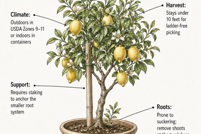 Botanical illustration of a dwarf lemon tree in a container highlighting care tips like staking, removing suckers, and climate needs.