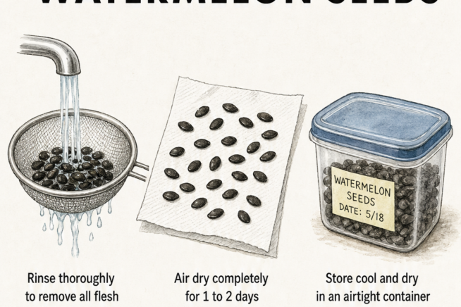 Illustration showing three steps to preserve watermelon seeds: rinsing in a strainer, air drying on a paper towel, and storing in an airtight container.