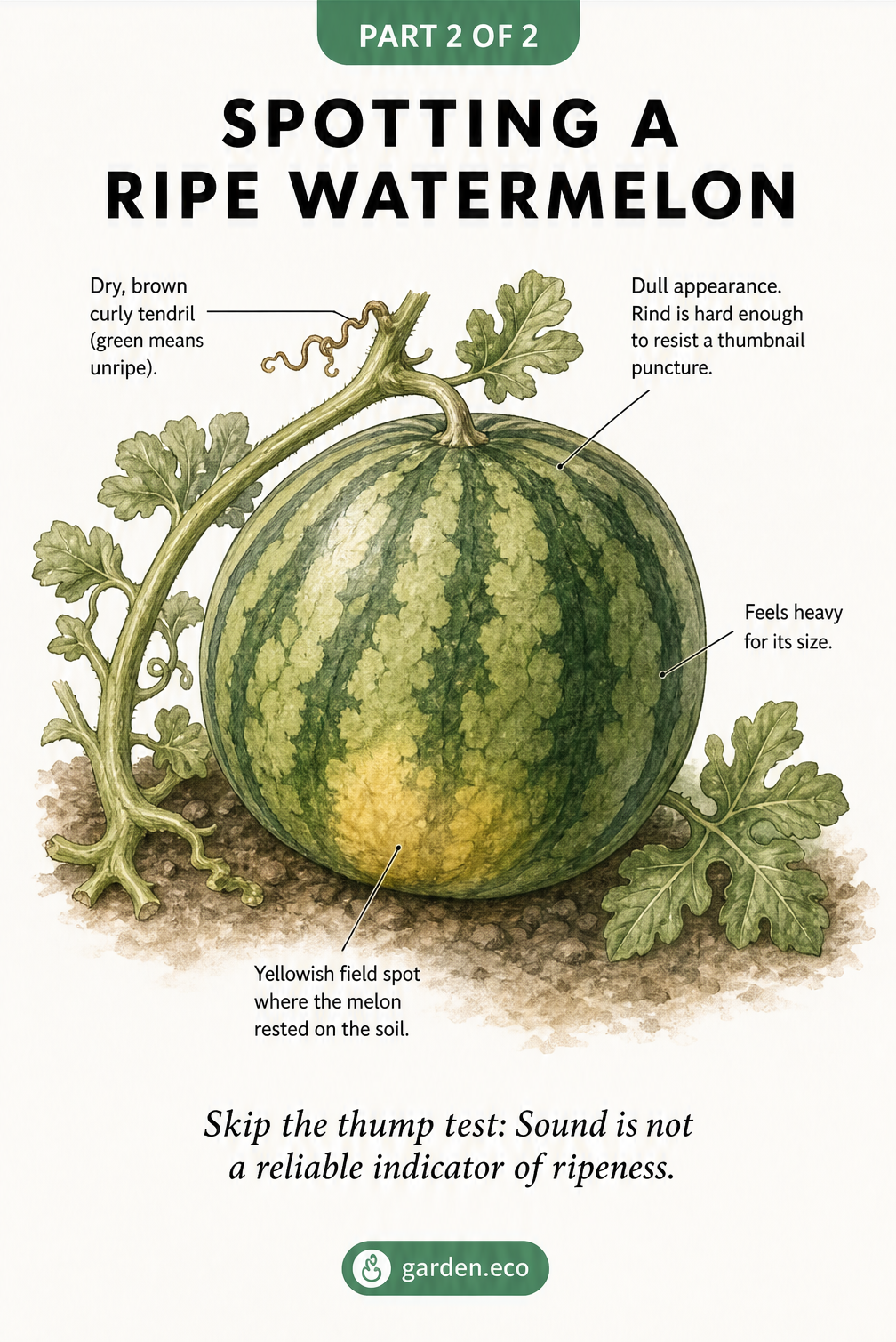 Diagram of a watermelon on the vine showing signs of ripeness: a dry brown tendril, dull rind, yellow field spot, and heavy weight.