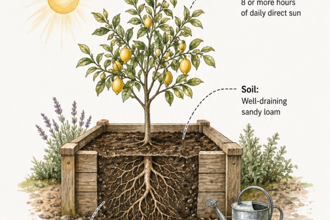 Cross-section illustration of a young lemon tree in a raised bed showing sunlight, soil, and watering needs.