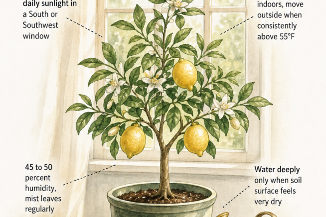 Illustration of an indoor Meyer lemon tree by a window, detailing light, temperature, humidity, and watering requirements.