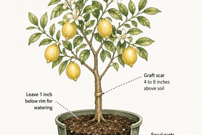 Botanical illustration showing the ideal potting setup for an indoor Meyer lemon tree, including soil mix, pot size, and graft scar placement.