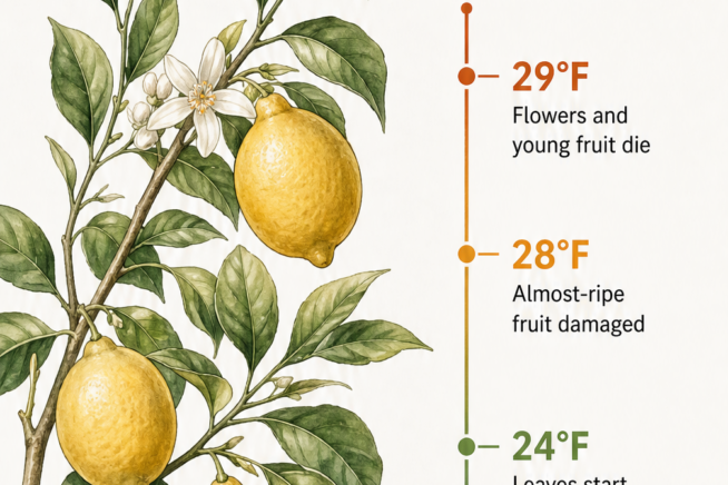 Botanical illustration of a lemon branch showing critical frost temperatures and ideal USDA zones 9 to 11.