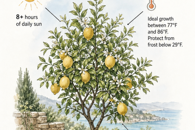 Botanical illustration of a lemon tree showing ideal sunlight, temperature, hardiness zones, and wind protection requirements.